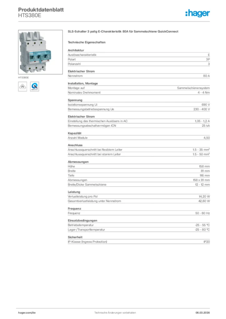 Bild Hager Produktdatenblatt HTS380E | Hager Deutschland