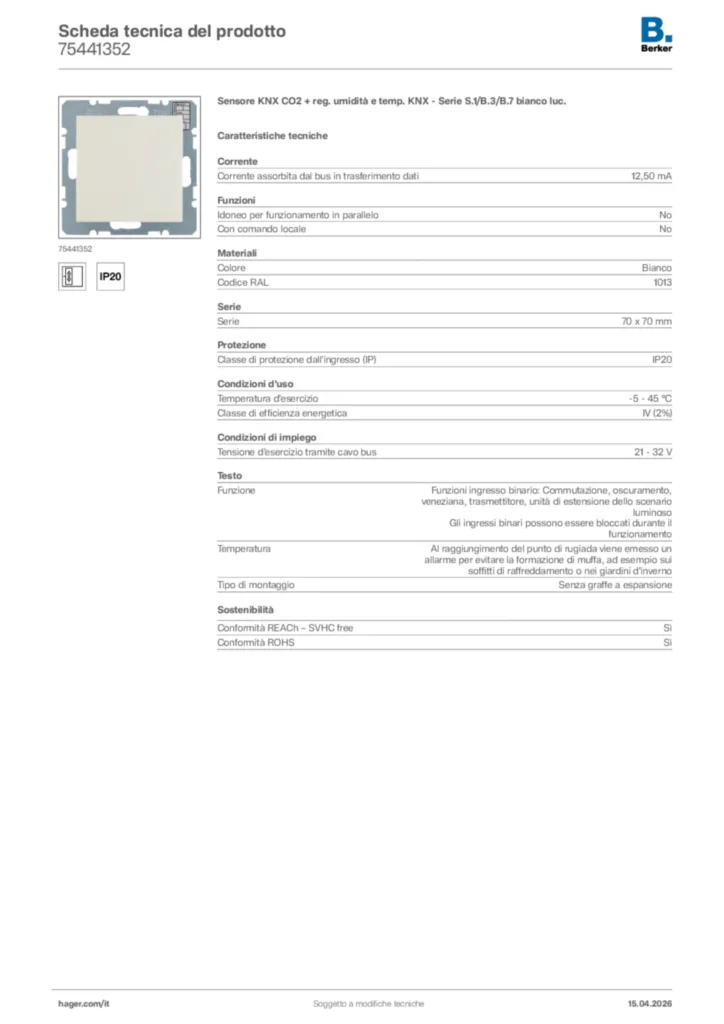 Immagine Berker Scheda tecnica del prodotto 75441352 | Hager Italia