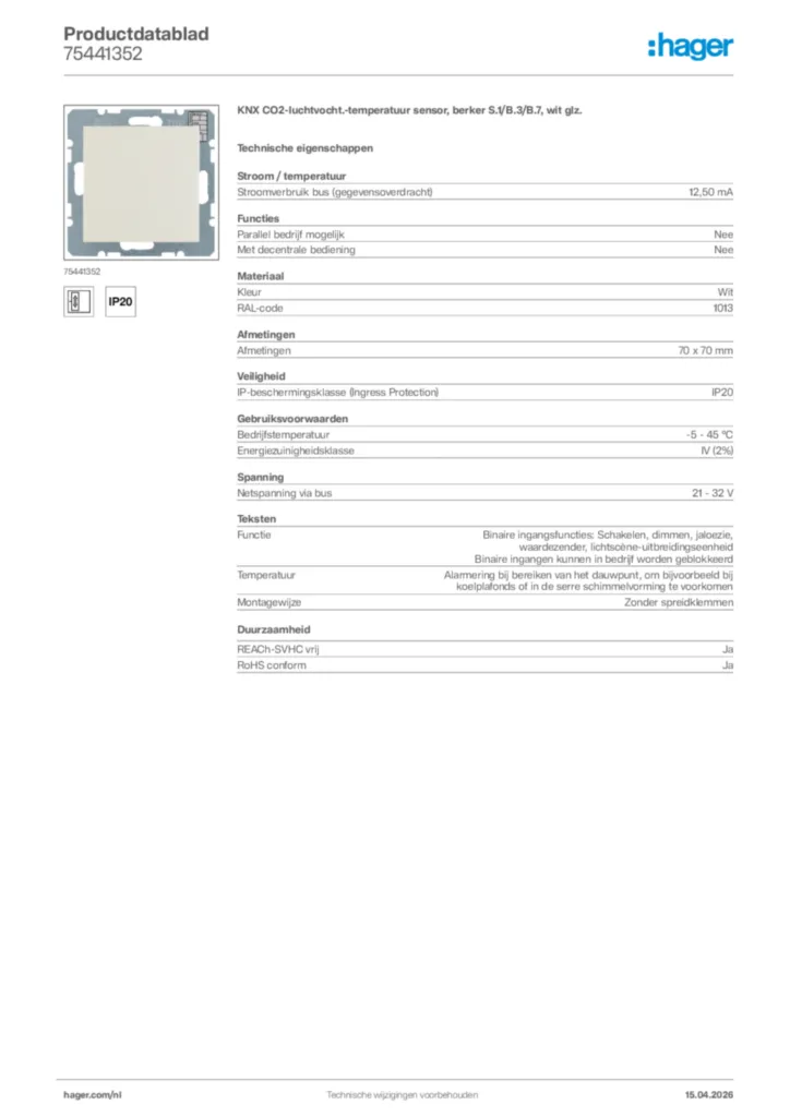 Afbeelding Hager Productdatablad 75441352 | Hager Nederland