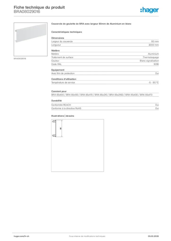 Image Hager Fiche technique du produit BRA08029016 | Hager Suisse