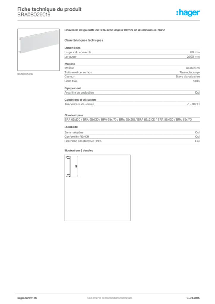 Image Hager Fiche technique du produit BRA08029016 | Hager Suisse