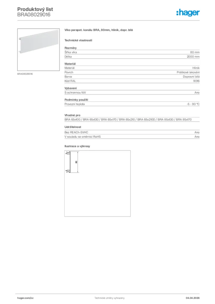 Obrázek Hager Product data sheet BRA08029016 | Hager