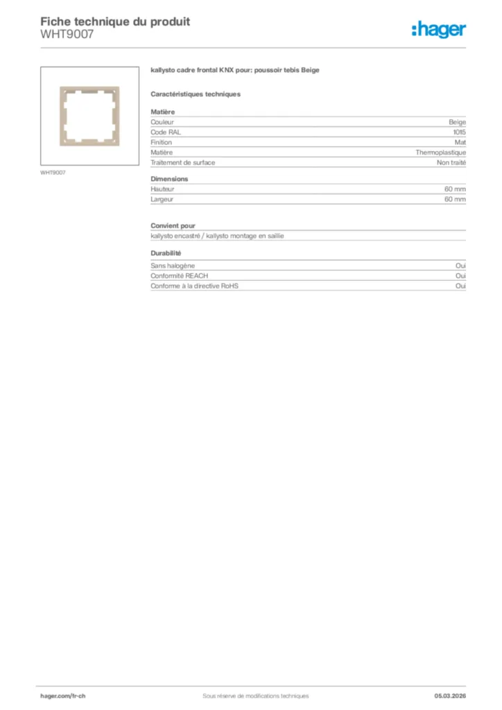 Image Hager Fiche technique du produit WHT9007 | Hager Suisse