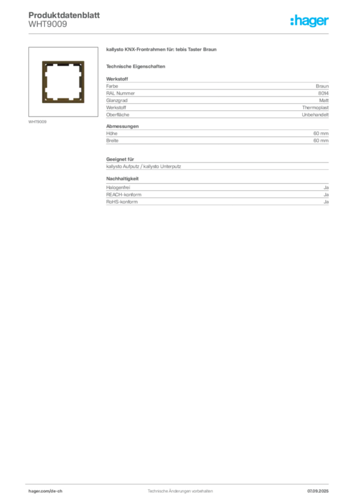 Bild Hager Produktdatenblatt WHT9009 | Hager Schweiz