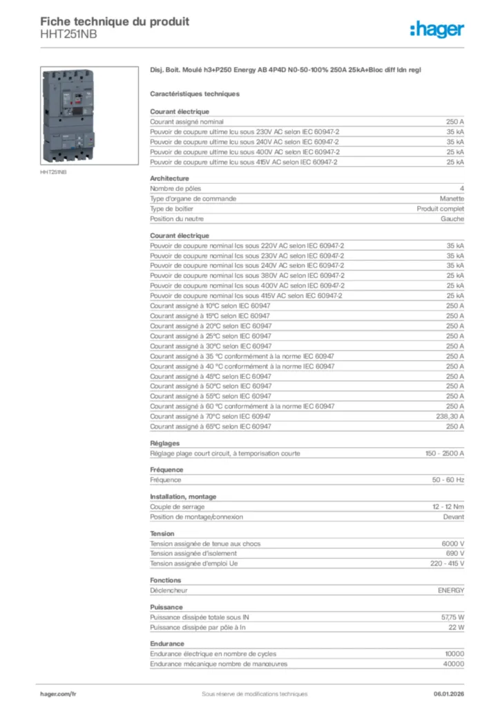 Image Hager Fiche technique du produit HHT251NB | Hager France