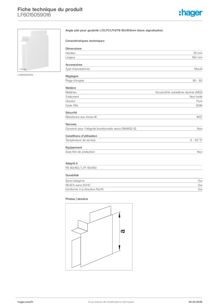 Image Hager Fiche technique du produit LF6015059016 | Hager France