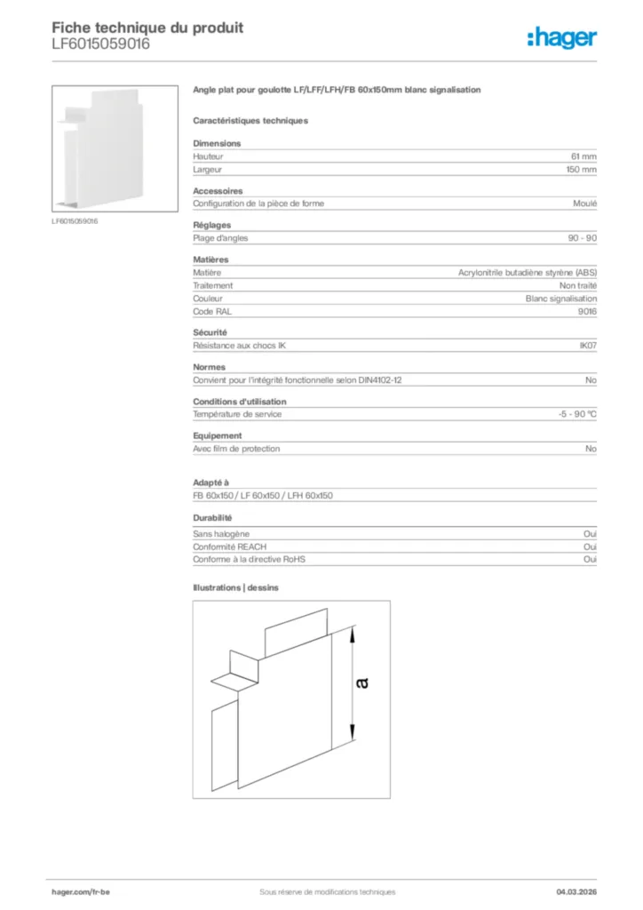 Image Hager Fiche technique du produit LF6015059016 | Hager Belgique