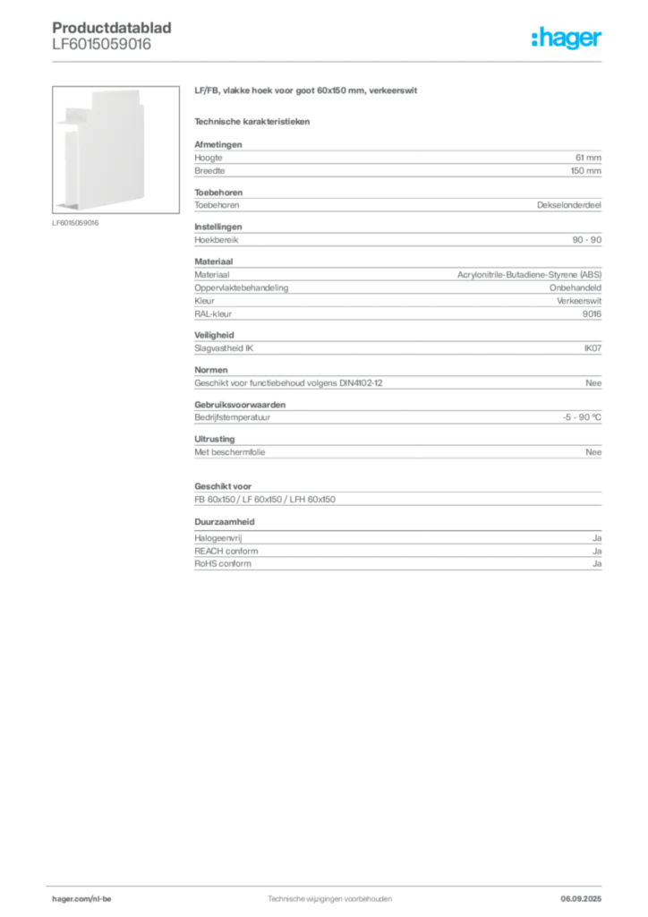 Afbeelding Hager Productdatablad LF6015059016 | Hager Belgium