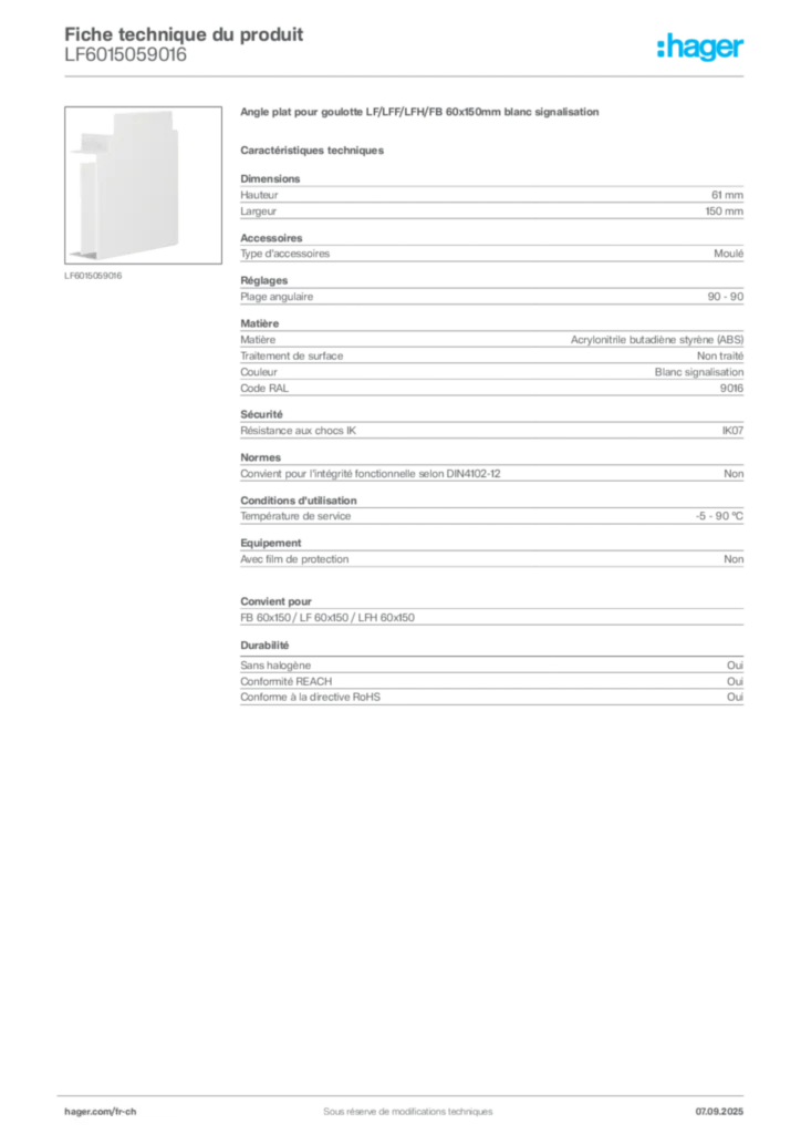 Image Hager Fiche technique du produit LF6015059016 | Hager Suisse