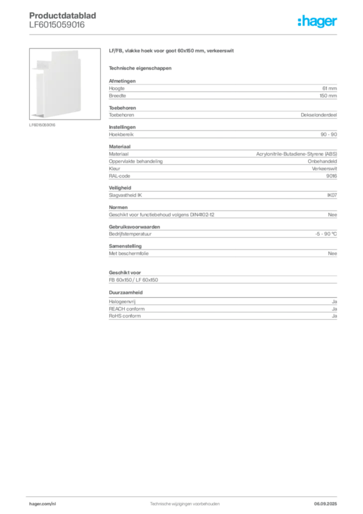 Afbeelding Hager Productdatablad LF6015059016 | Hager Nederland