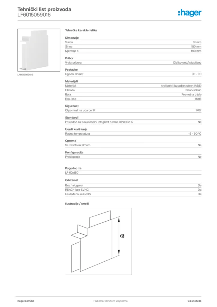 Slika Hager Tehnički list proizvoda LF6015059016  | Hager