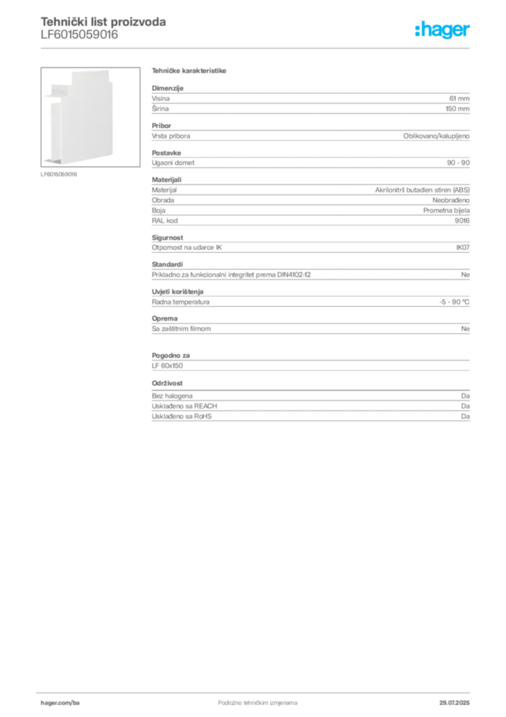 Slika Hager Product data sheet LF6015059016  | Hager