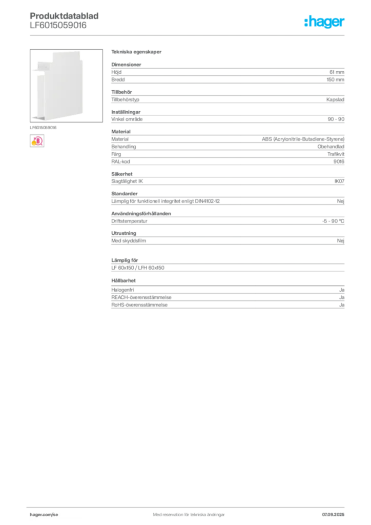 Bild Hager Produktdatablad LF6015059016 | Hager Sverige