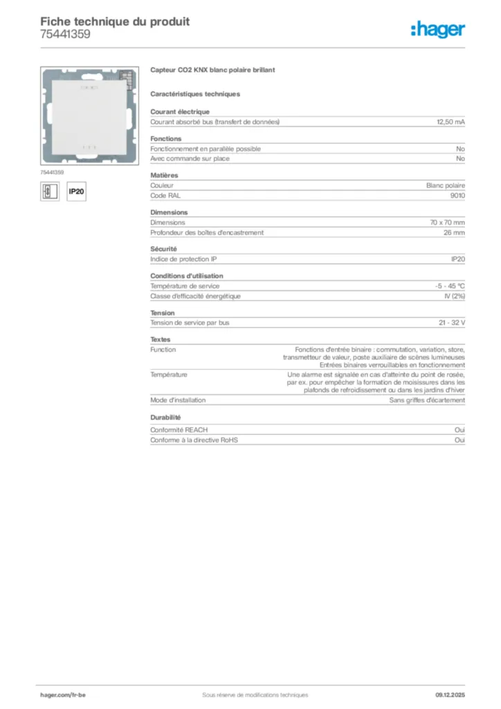 Image Hager Fiche technique du produit 75441359 | Hager Belgique