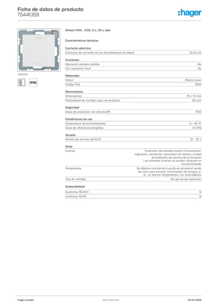 Imagen Hager Ficha de datos de producto 75441359 | Hager España