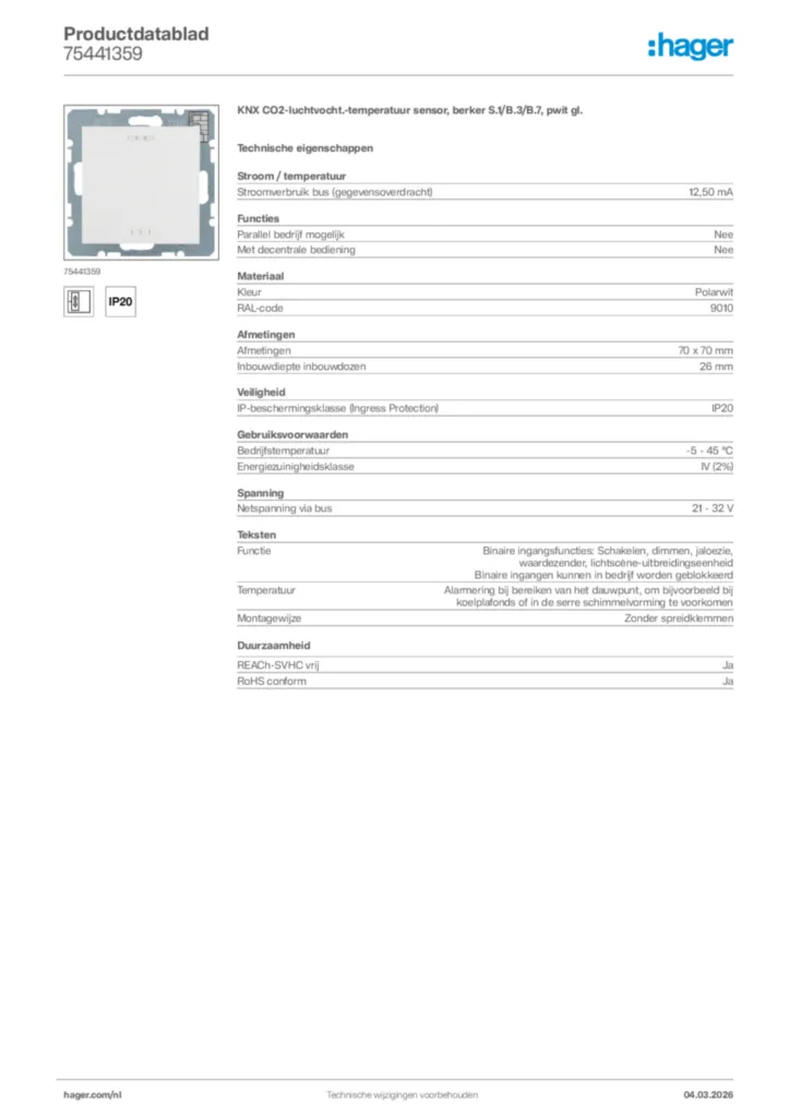 Afbeelding Hager Productdatablad 75441359 | Hager Nederland