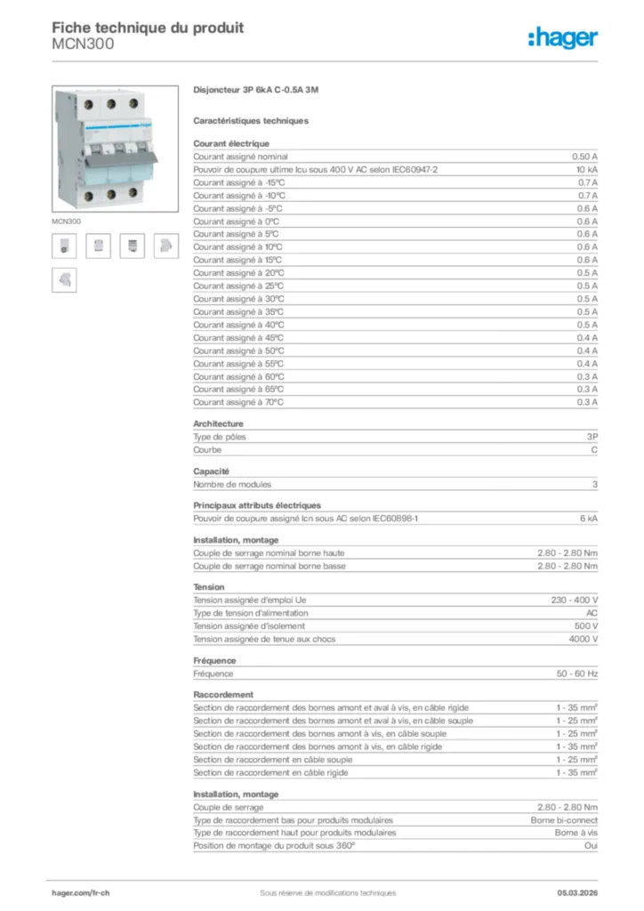 Image Hager Fiche technique du produit MCN300 | Hager Suisse