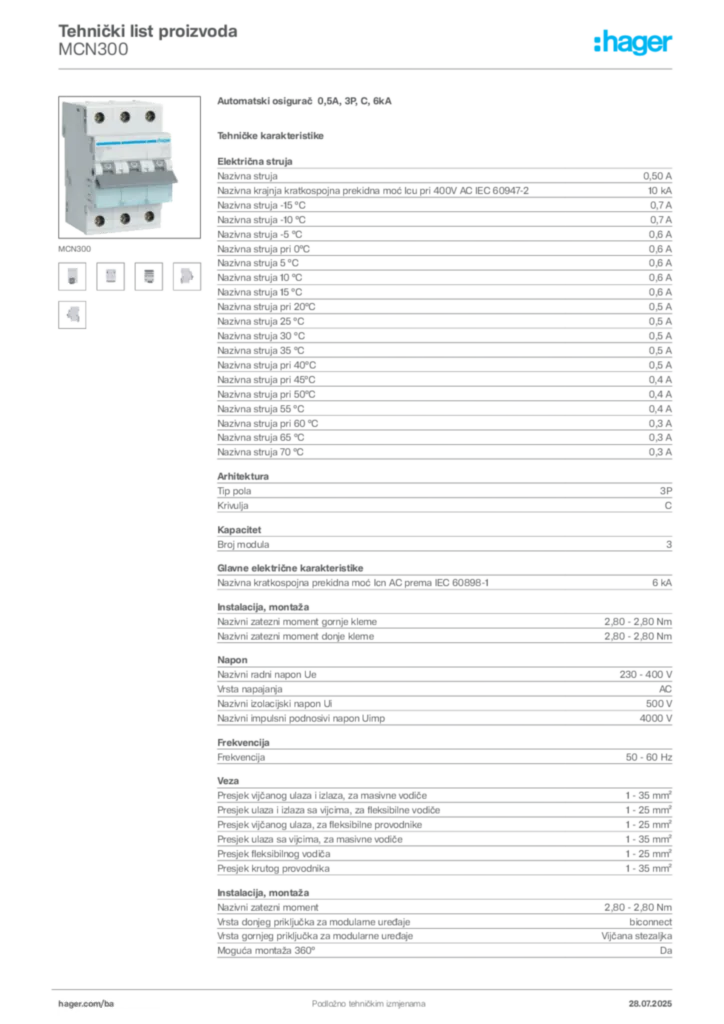Slika Hager Product data sheet MCN300  | Hager