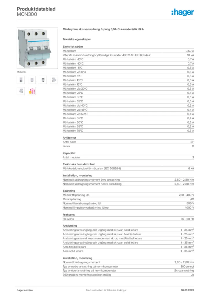 Bild Hager Produktdatablad MCN300 | Hager Sverige