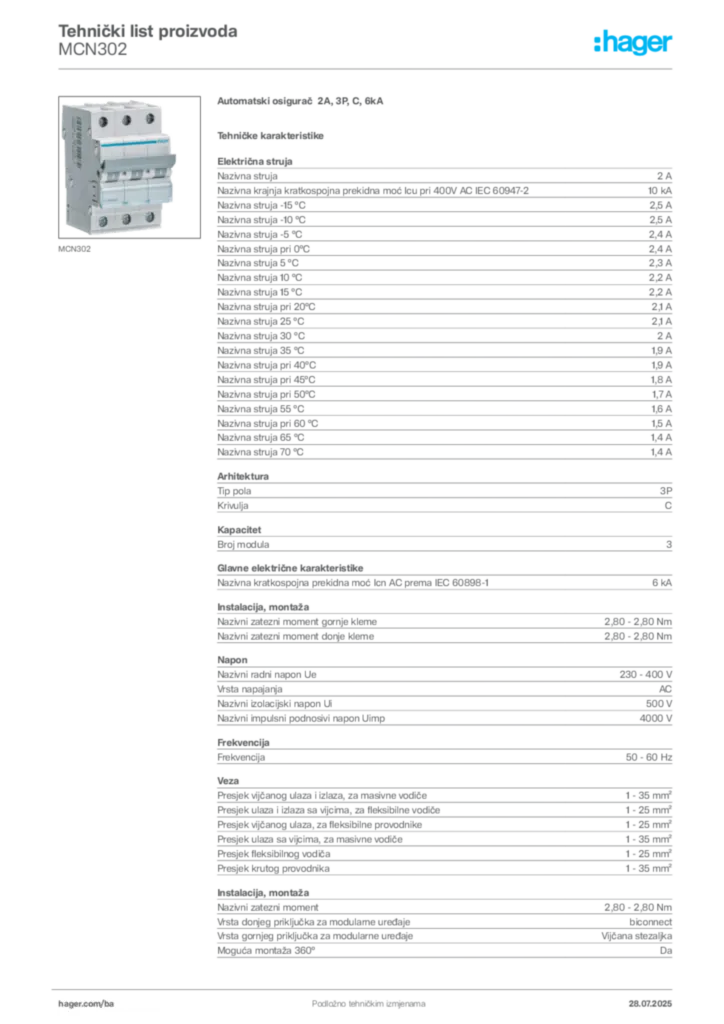 Slika Hager Product data sheet MCN302  | Hager