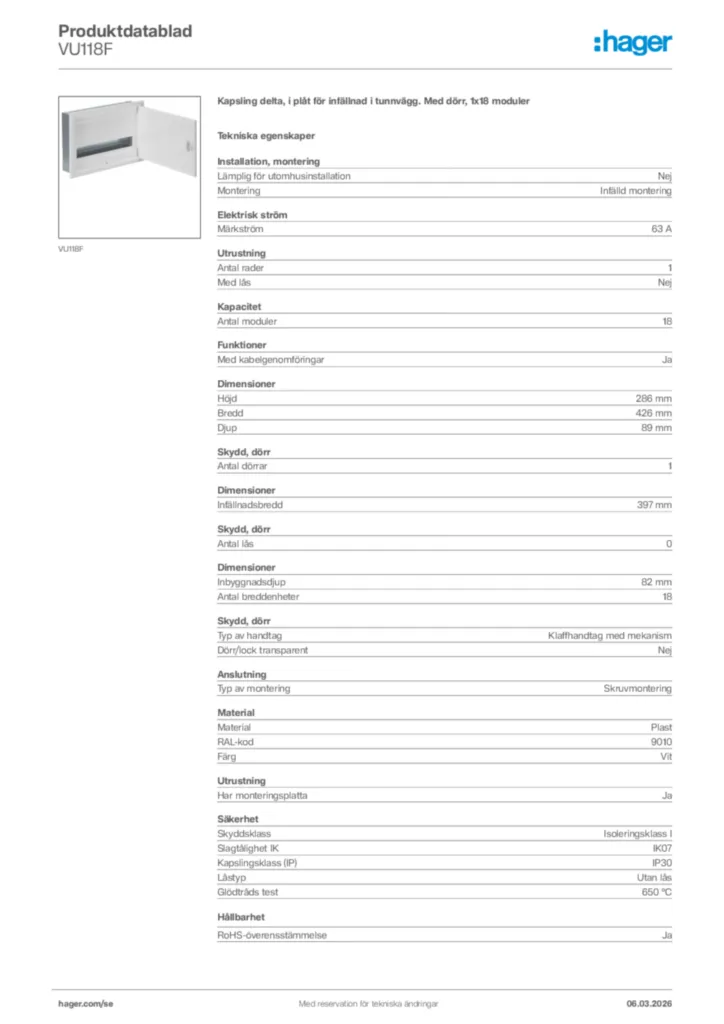 Bild Hager Produktdatablad VU118F | Hager Sverige