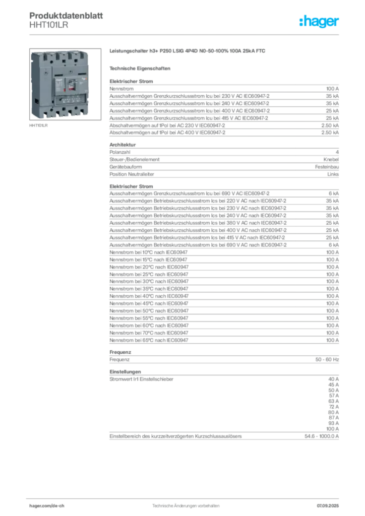 Bild Hager Produktdatenblatt HHT101LR | Hager Schweiz