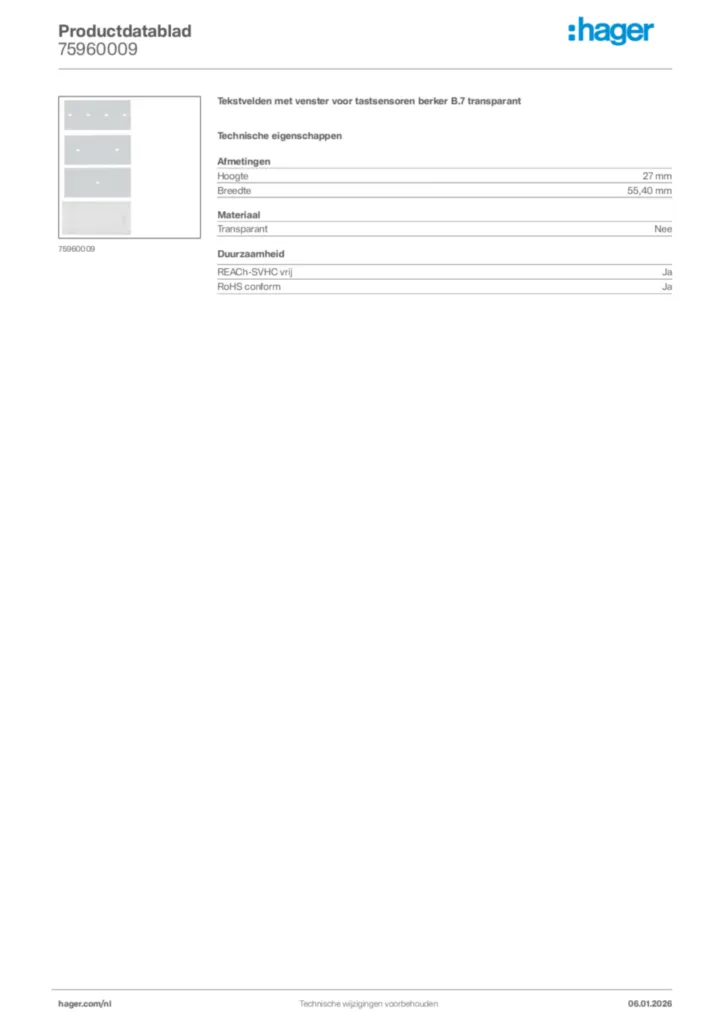 Afbeelding Hager Productdatablad 75960009 | Hager Nederland