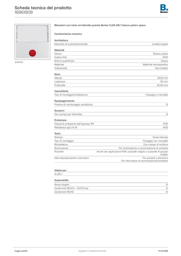 Immagine Berker Scheda tecnica del prodotto 16961909 | Hager Italia
