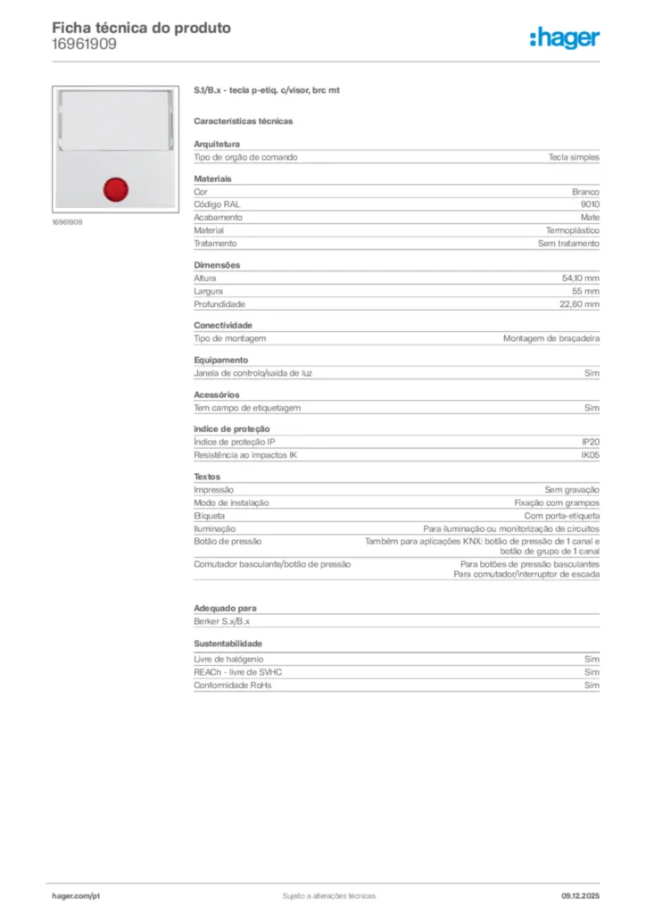 Imagem Hager Ficha técnica do produto 16961909 | Hager Portugal
