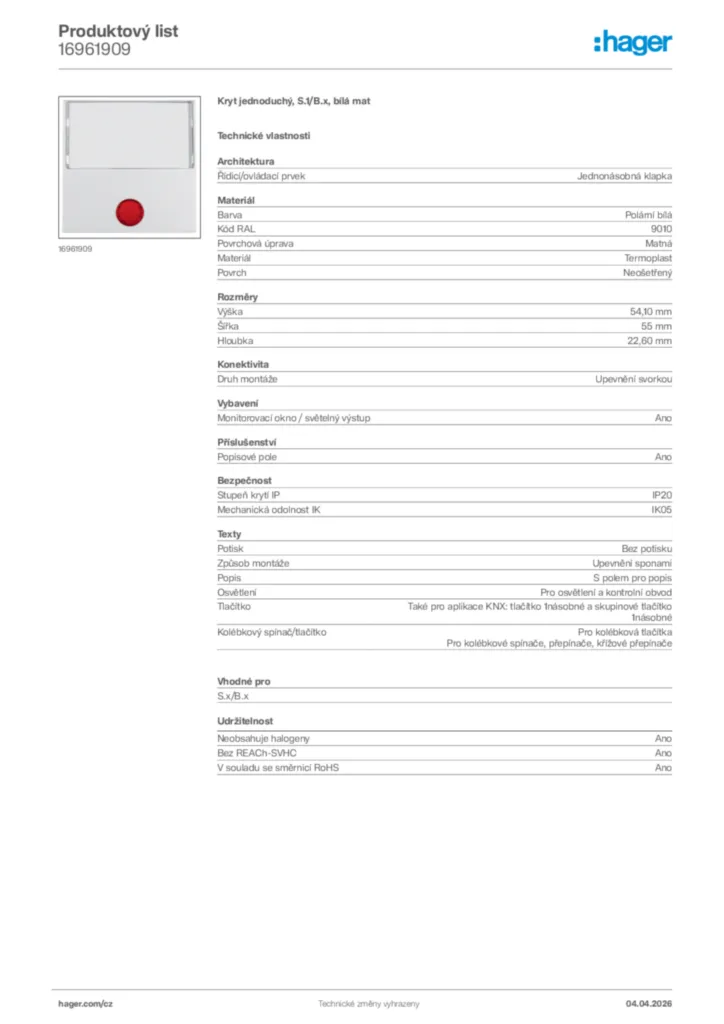 Obrázek Hager Product data sheet 16961909 | Hager