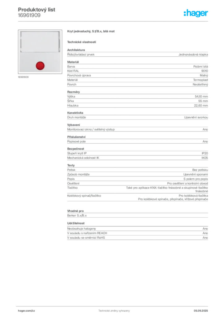 Obrázek Hager Produktový list 16961909 | Hager