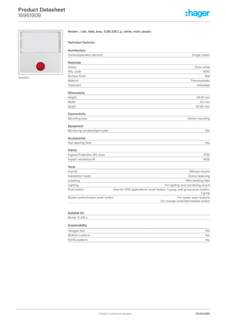 Image Hager Product data sheet 16961909  | Hager