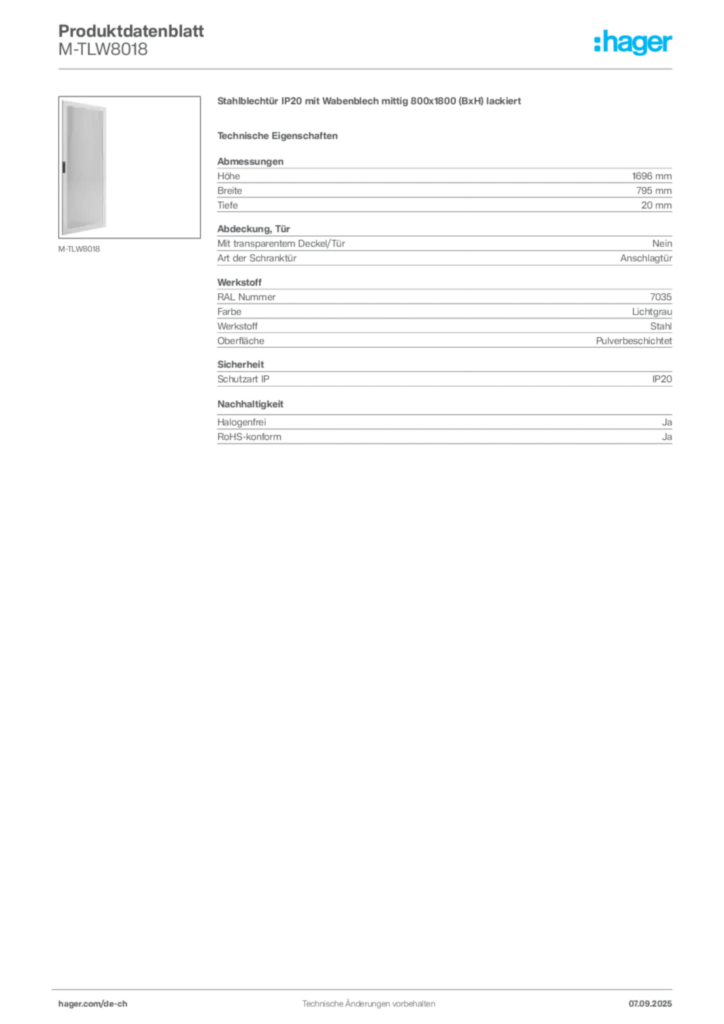 Bild Hager Produktdatenblatt M-TLW8018 | Hager Schweiz