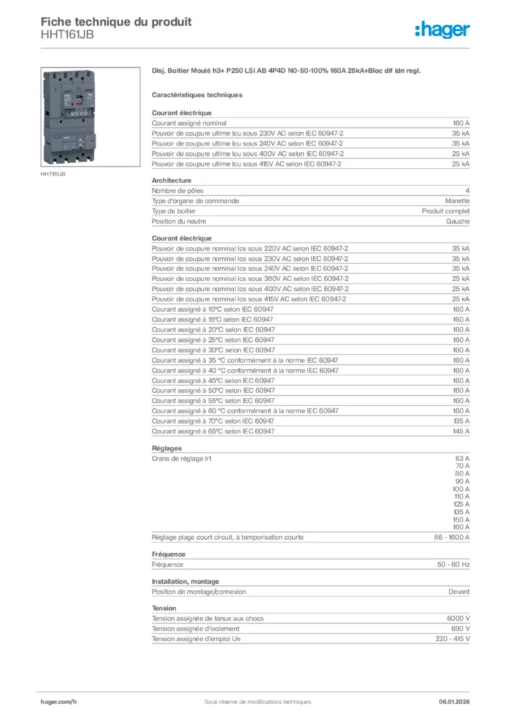 Image Hager Fiche technique du produit HHT161JB | Hager France