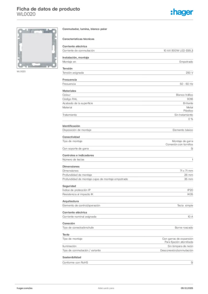 Imagen Hager Ficha de datos de producto WL0020 | Hager España