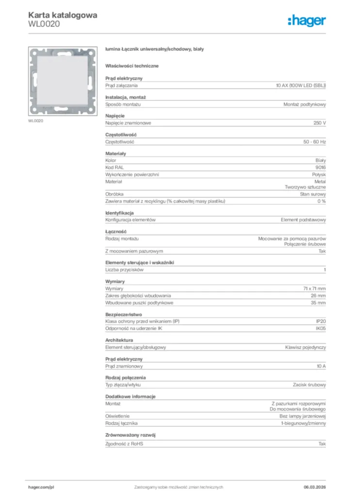 Zdjęcie Hager Karta katalogowa WL0020 | Hager Polska