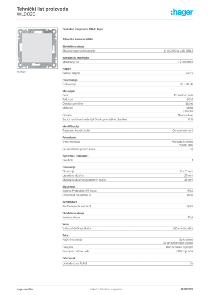 Slika Hager Product data sheet WL0020  | Hager