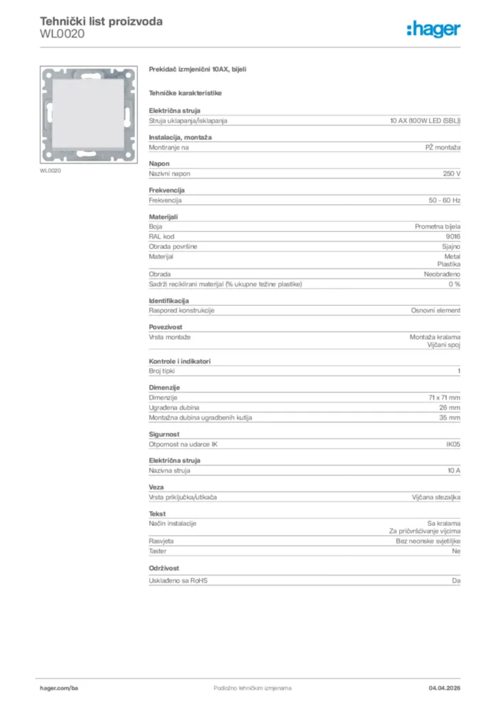 Slika Hager Tehnički list proizvoda WL0020  | Hager