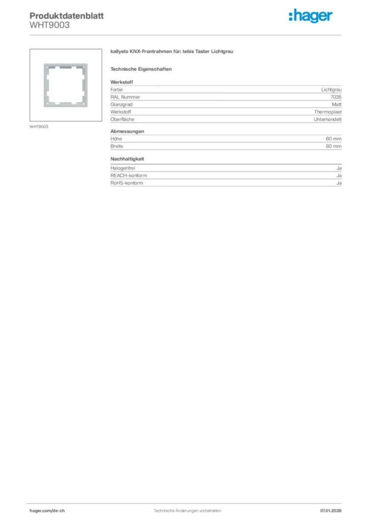 Bild Hager Produktdatenblatt WHT9003 | Hager Schweiz