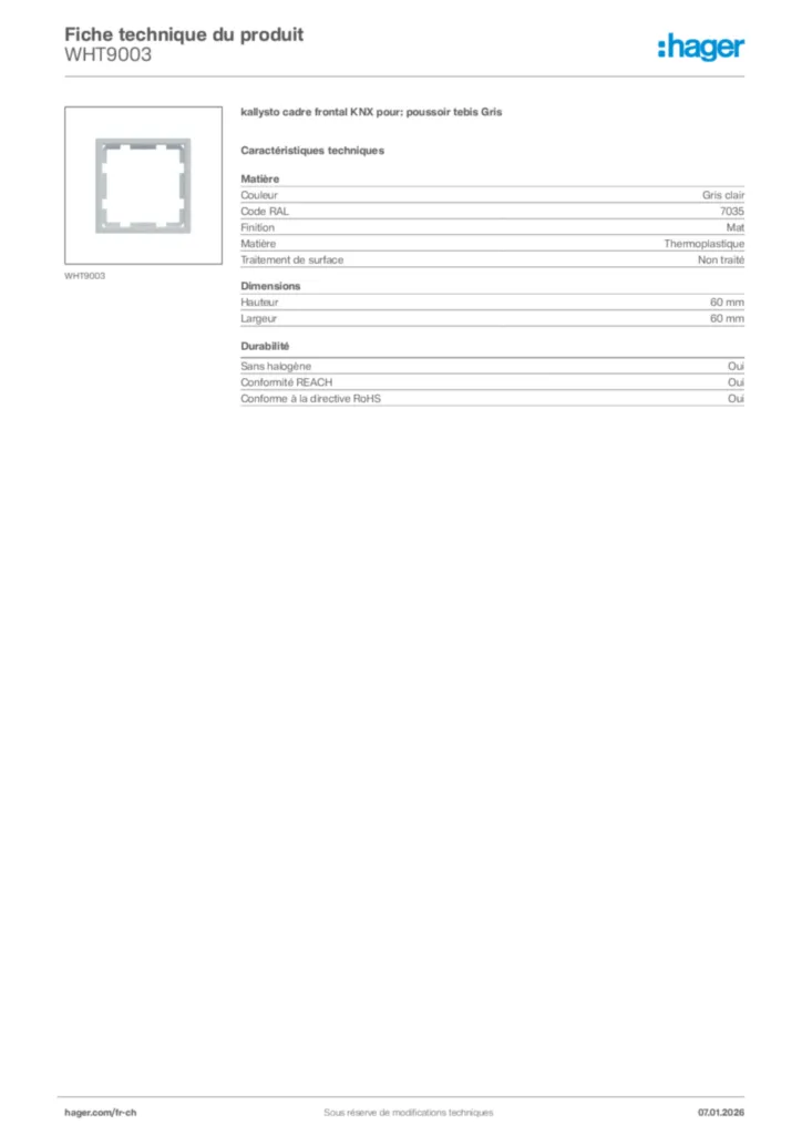 Image Hager Fiche technique du produit WHT9003 | Hager Suisse