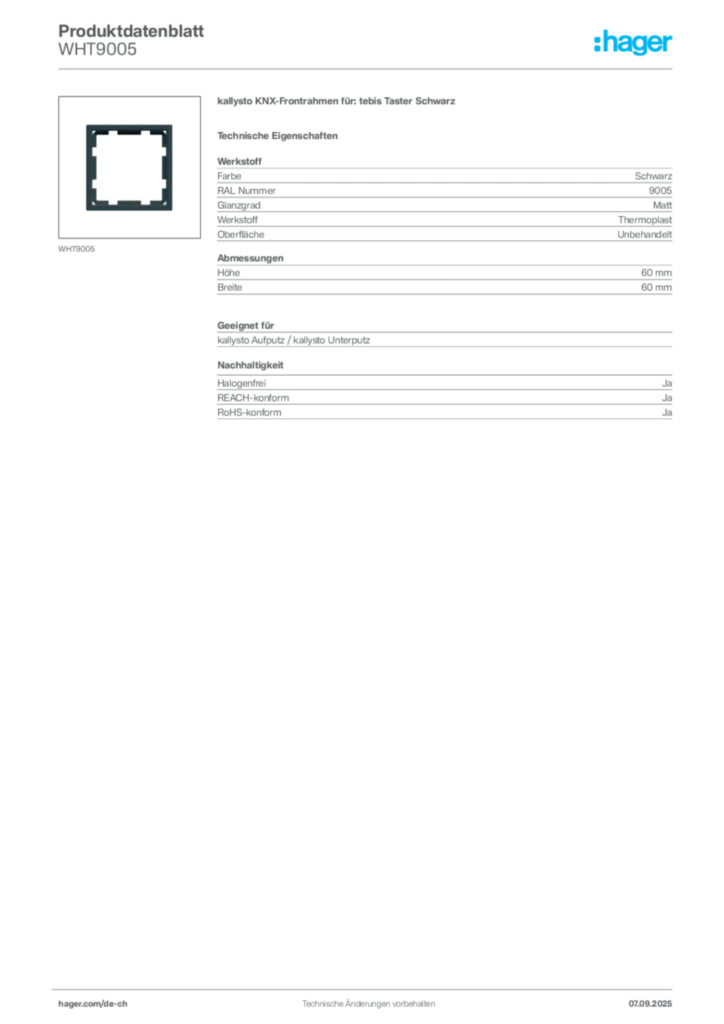 Bild Hager Produktdatenblatt WHT9005 | Hager Schweiz