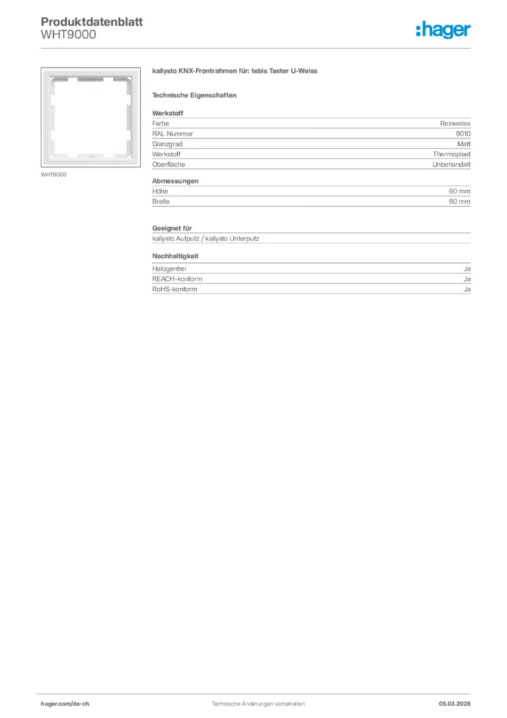Bild Hager Produktdatenblatt WHT9000 | Hager Schweiz