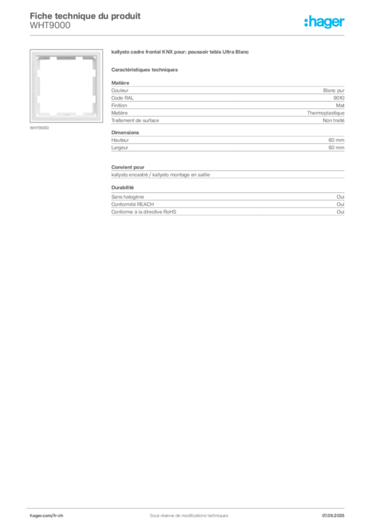 Image Hager Fiche technique du produit WHT9000 | Hager Suisse