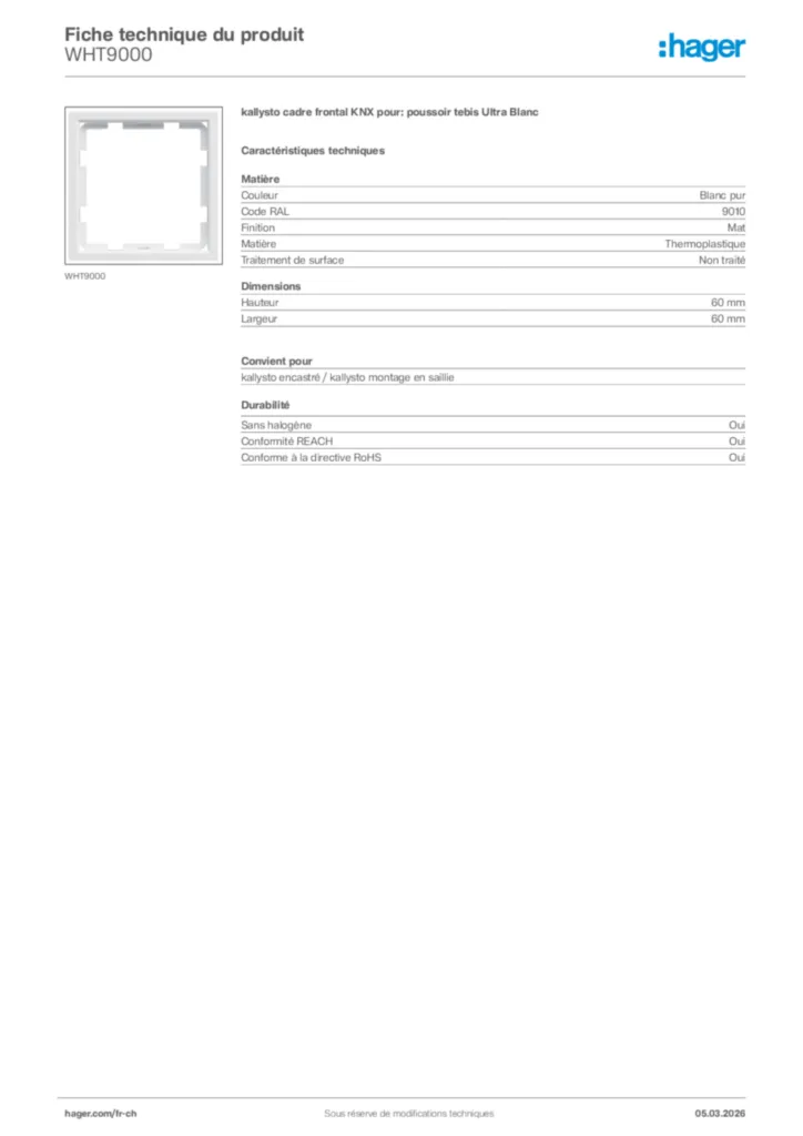 Image Hager Fiche technique du produit WHT9000 | Hager Suisse