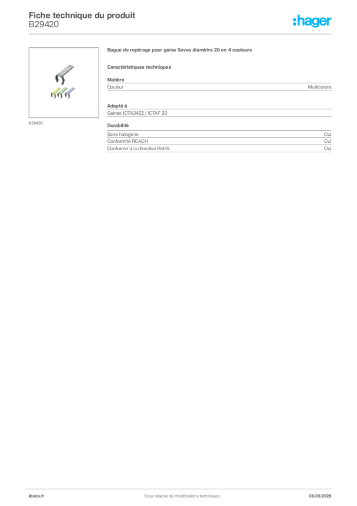 Image Iboco Fiche technique du produit B29420 | Hager France