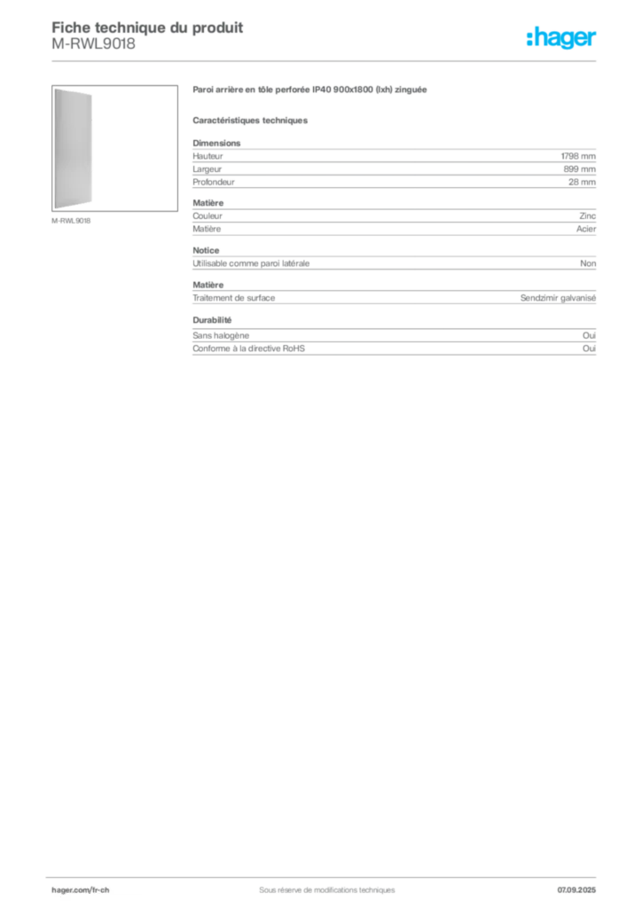 Image Hager Fiche technique du produit M-RWL9018 | Hager Suisse