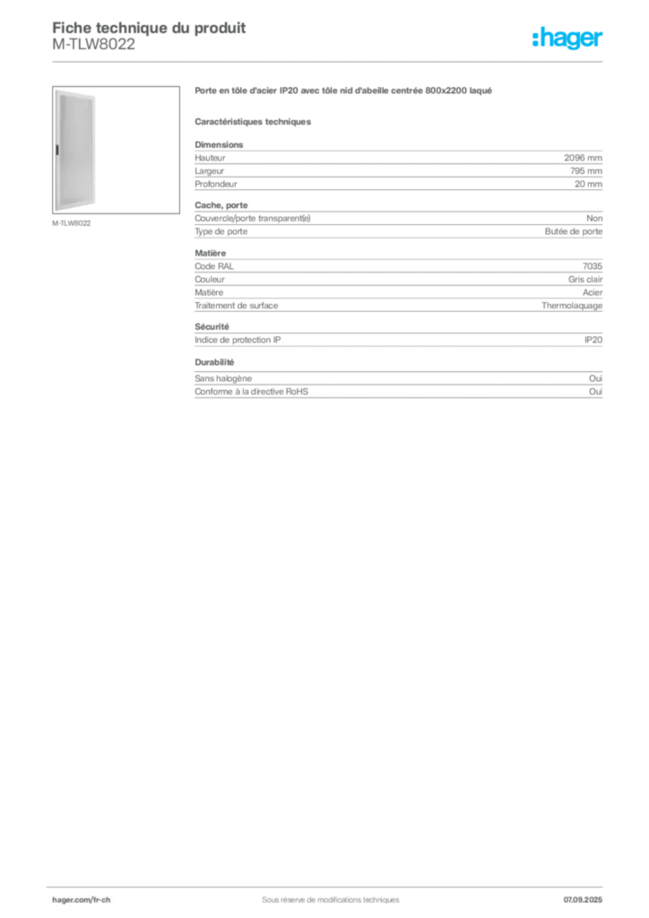 Image Hager Fiche technique du produit M-TLW8022 | Hager Suisse