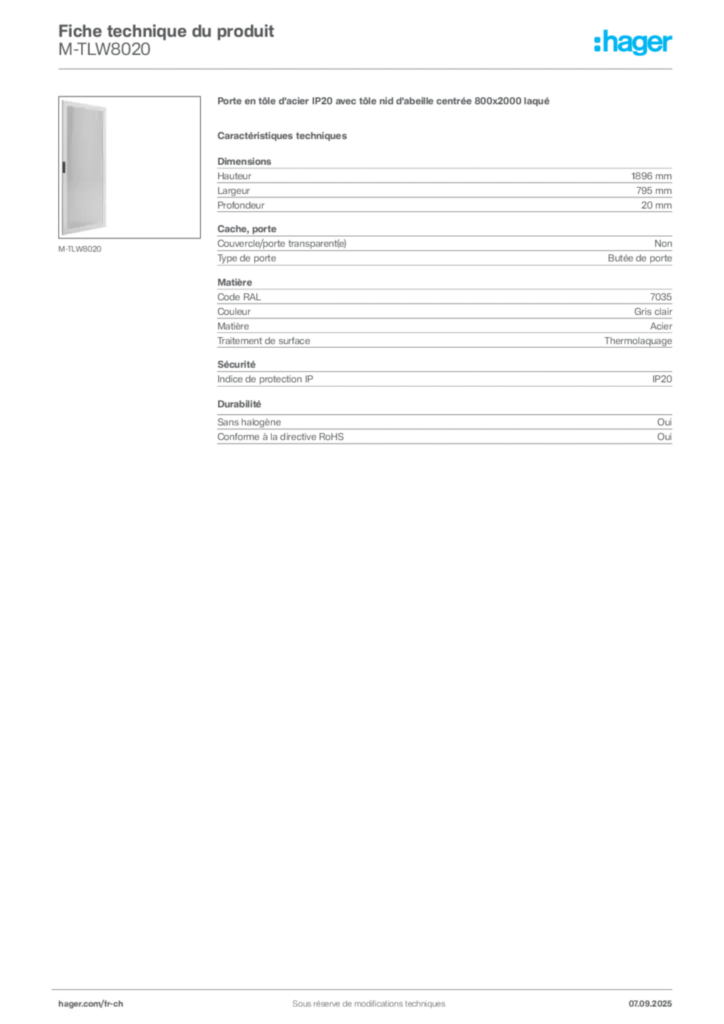Image Hager Fiche technique du produit M-TLW8020 | Hager Suisse