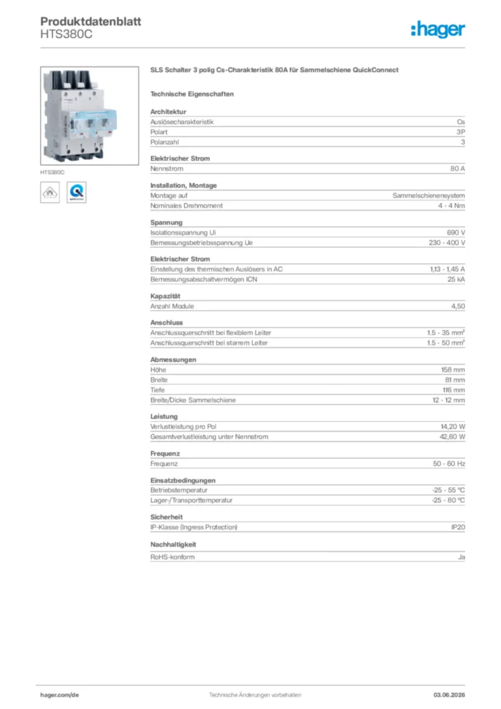 Bild Hager Produktdatenblatt HTS380C | Hager Deutschland