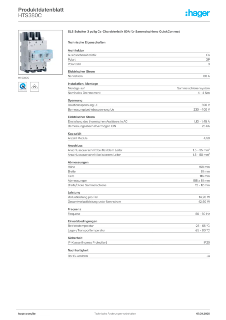 Hager Produktdatenblatt HTS380C